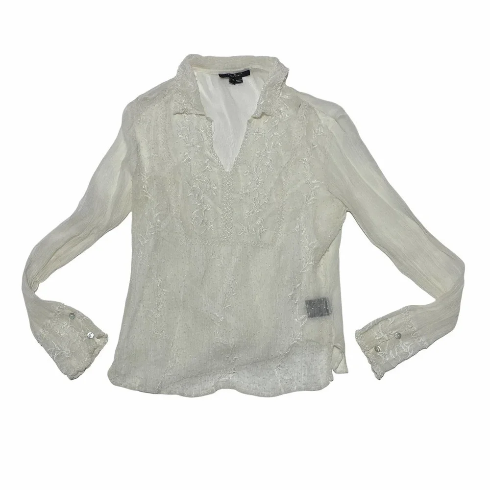 Eci New York Sheer White Floral Lined L/S Blouse - Picture 5 of 12